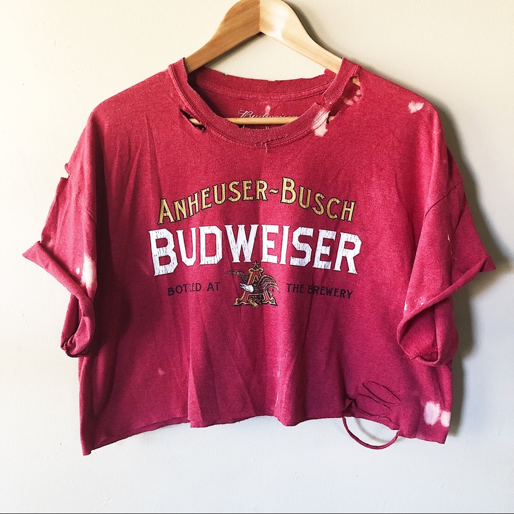 Budweiser red distressed graphic crop top tee